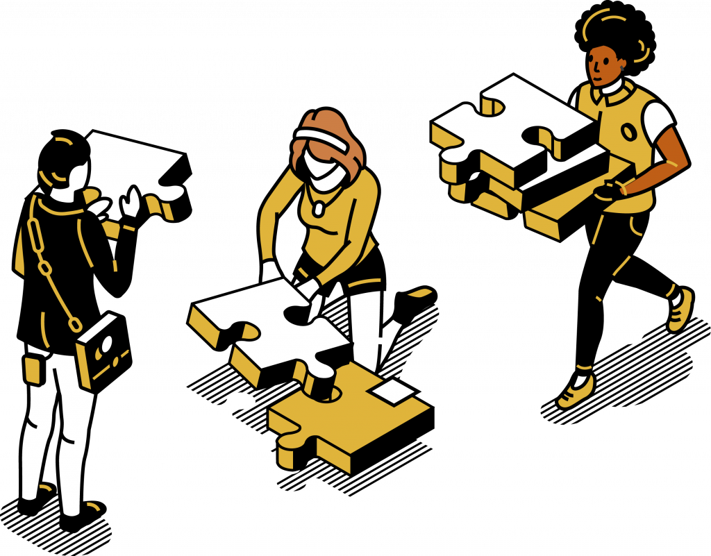 Illustration eines IT-Teams beim Lösen eines Puzzles