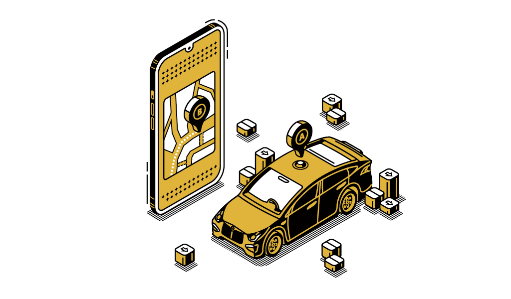 Illustration eines Autos, dass vor einem Smartphone steht.