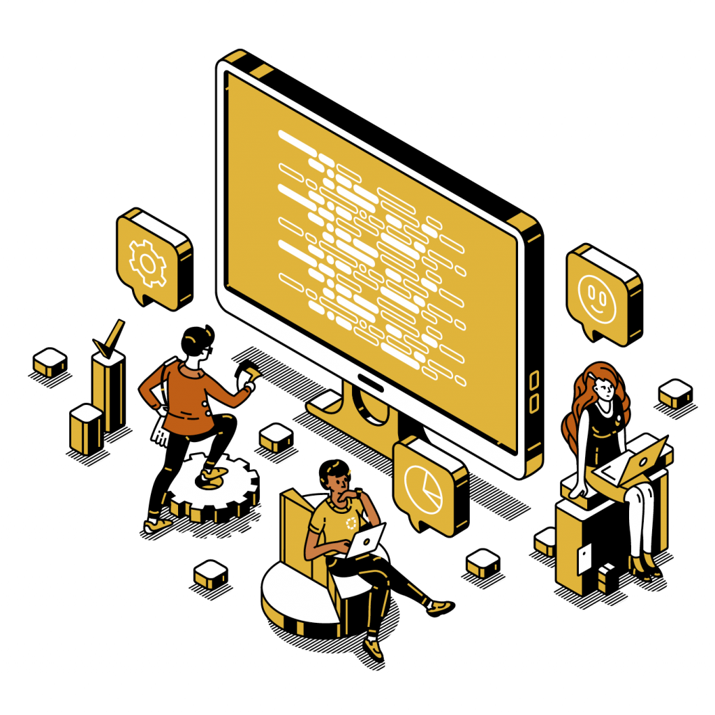 Illustration von Angestellten, die gemeinsam an Code arbeiten.